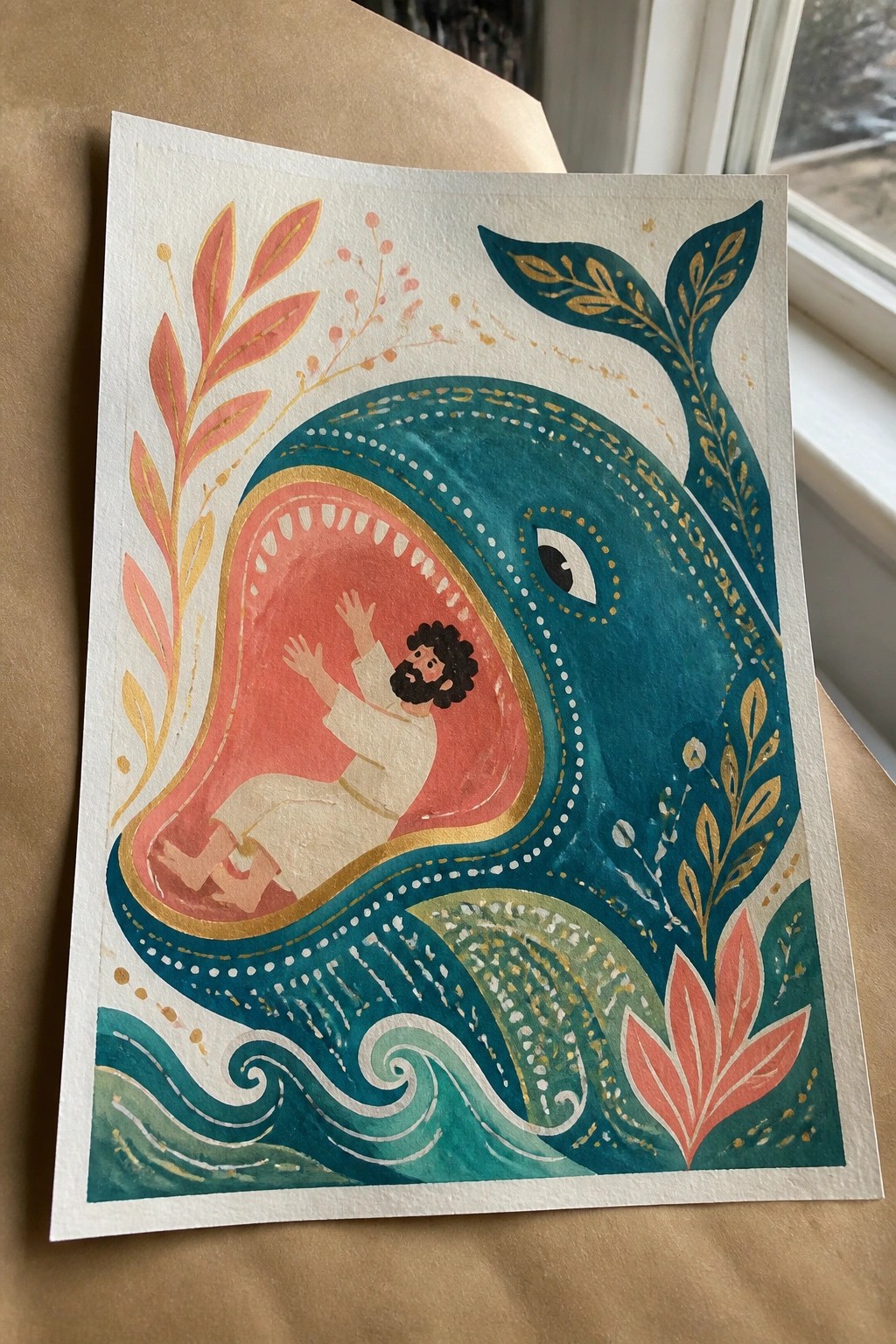 Watercolor of bearded man in white robe inside ornate teal whale's open mouth amid waves.