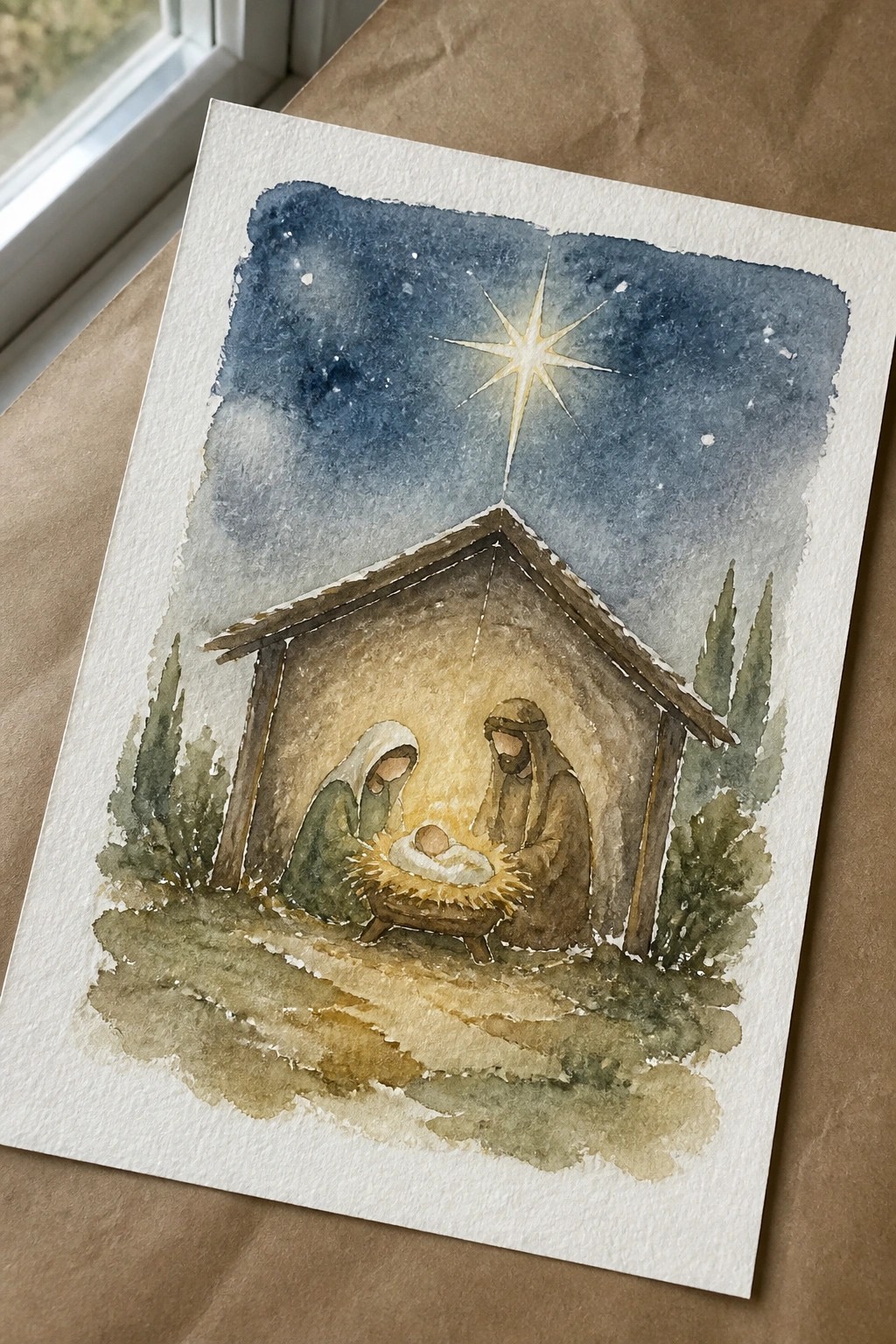 Watercolor nativity with Mary in green and Joseph in brown by manger under starry sky