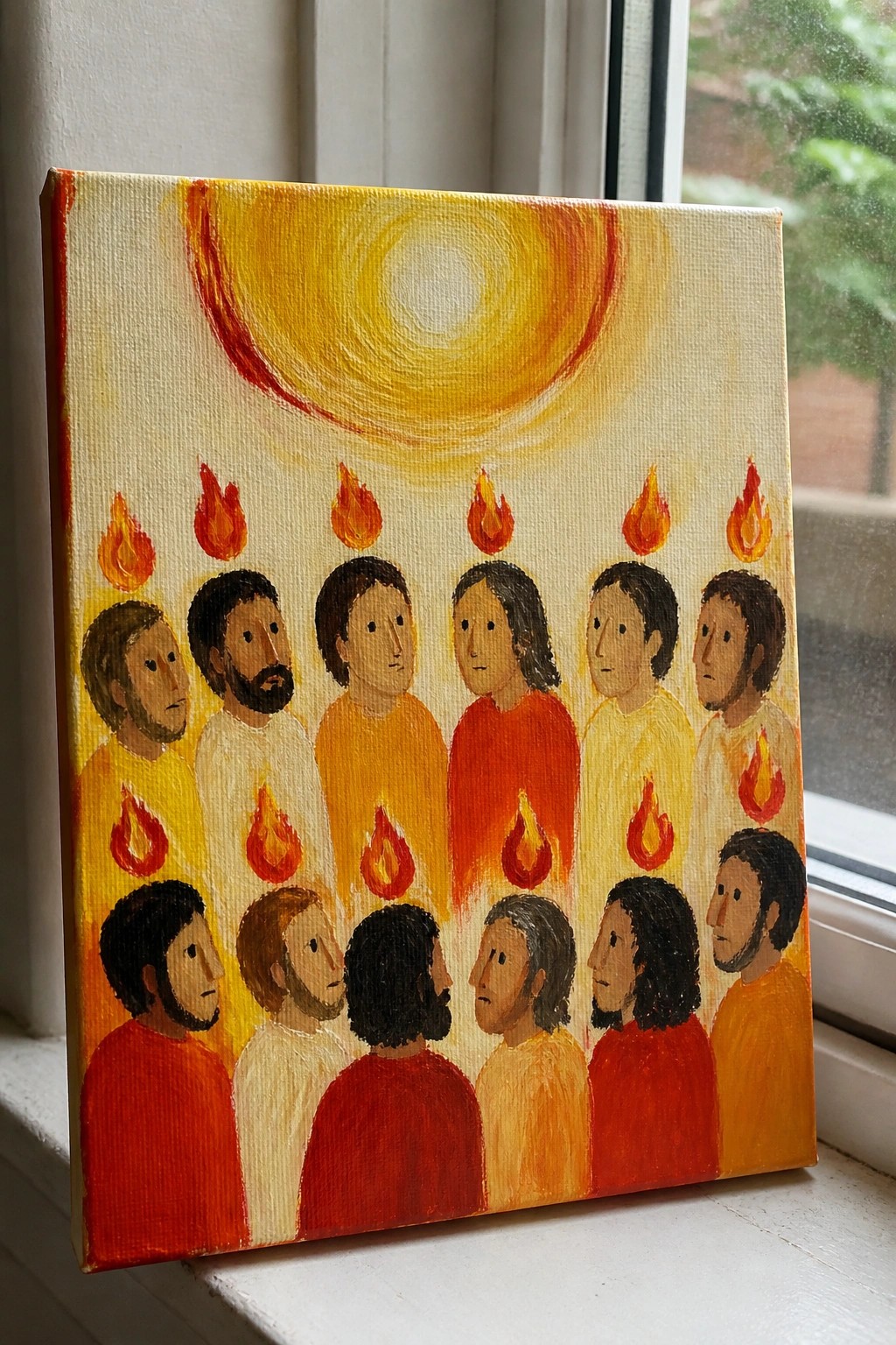 Painting of robed figures with flames above heads beneath a large yellow sun.