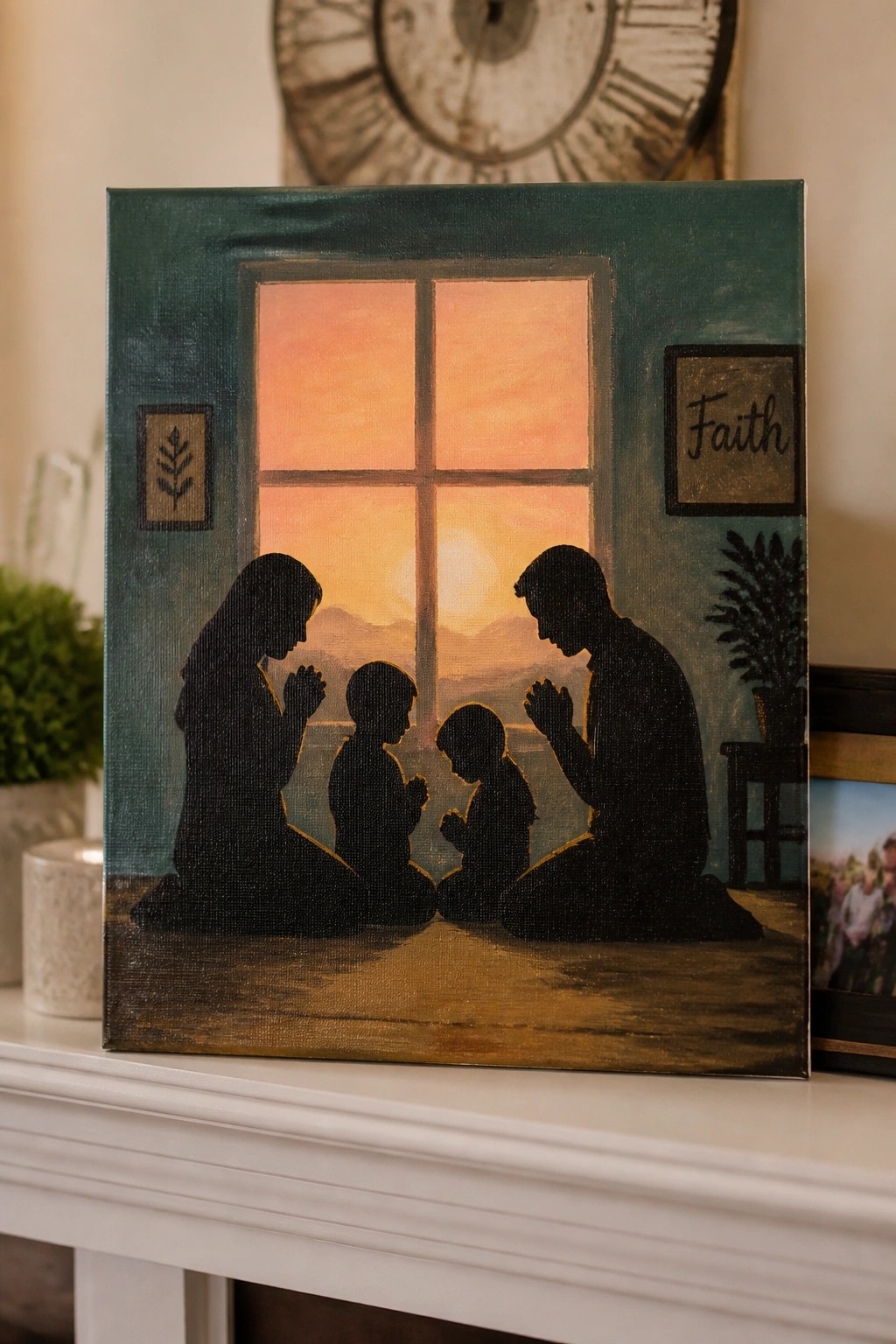 Canvas painting of silhouetted family praying before sunset window with Faith sign.
