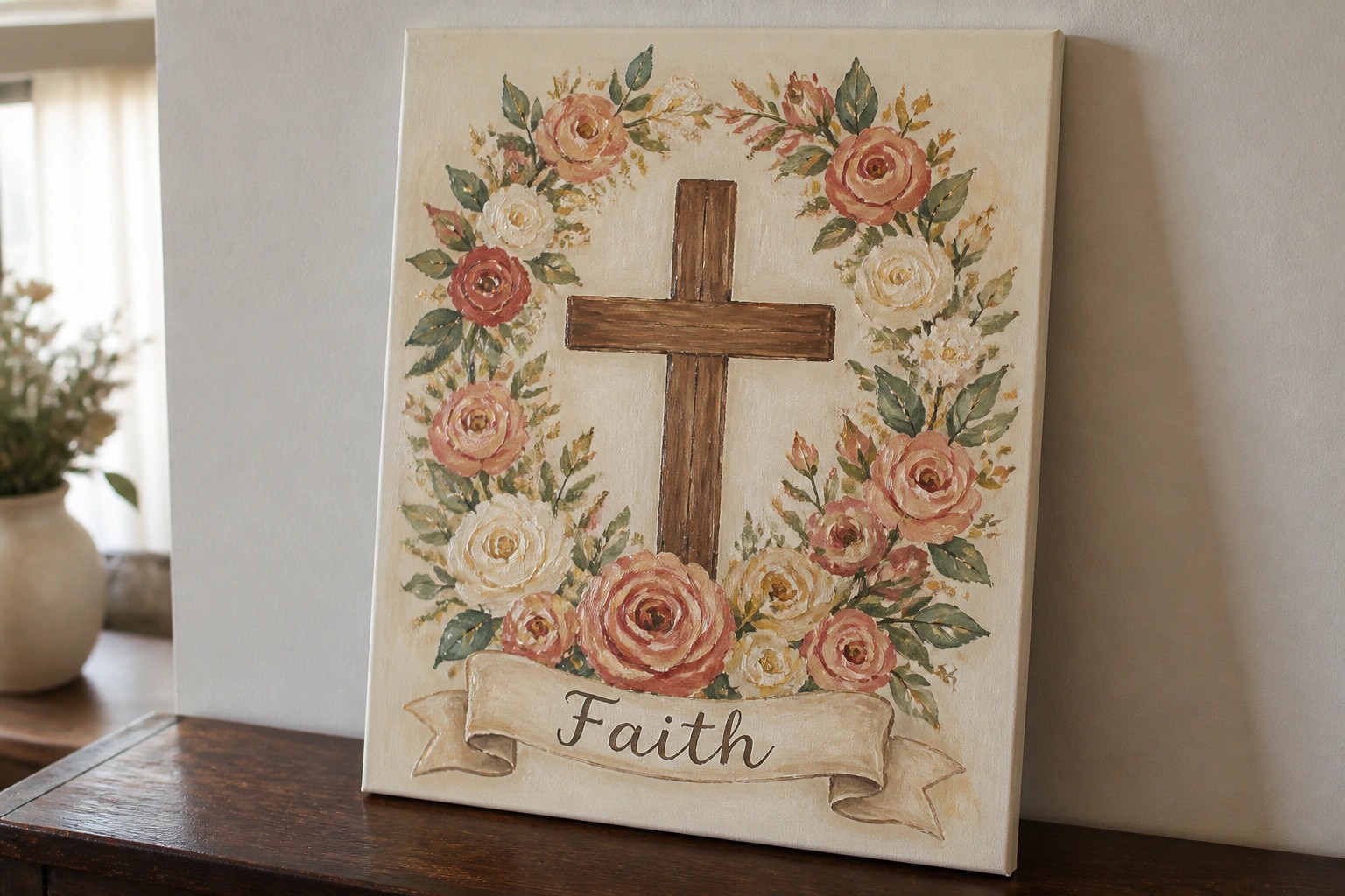 Canvas painting of wooden cross with pink rose wreath and faith banner.