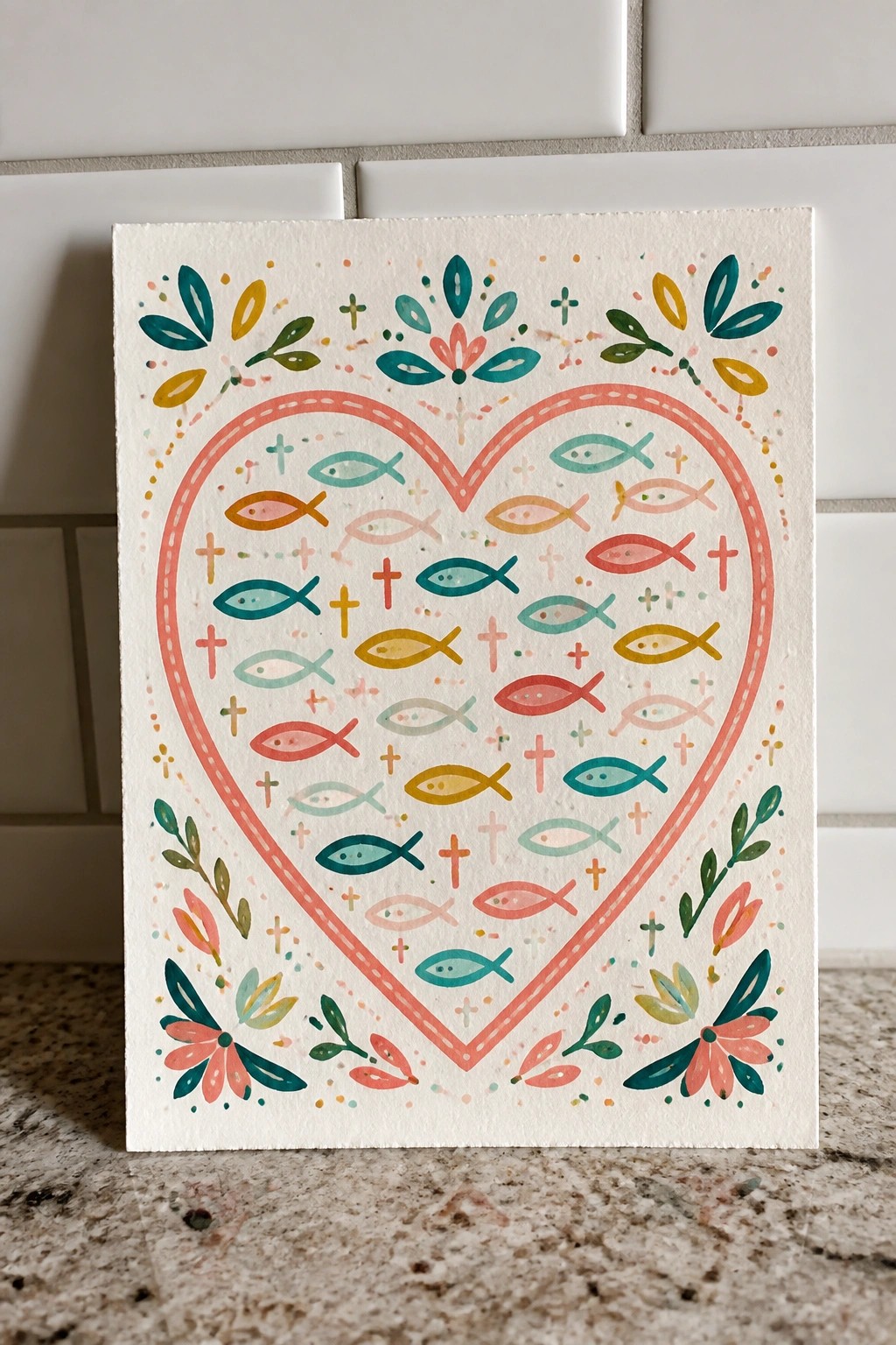 Colorful watercolor heart with fish symbols, crosses, and floral border accents.