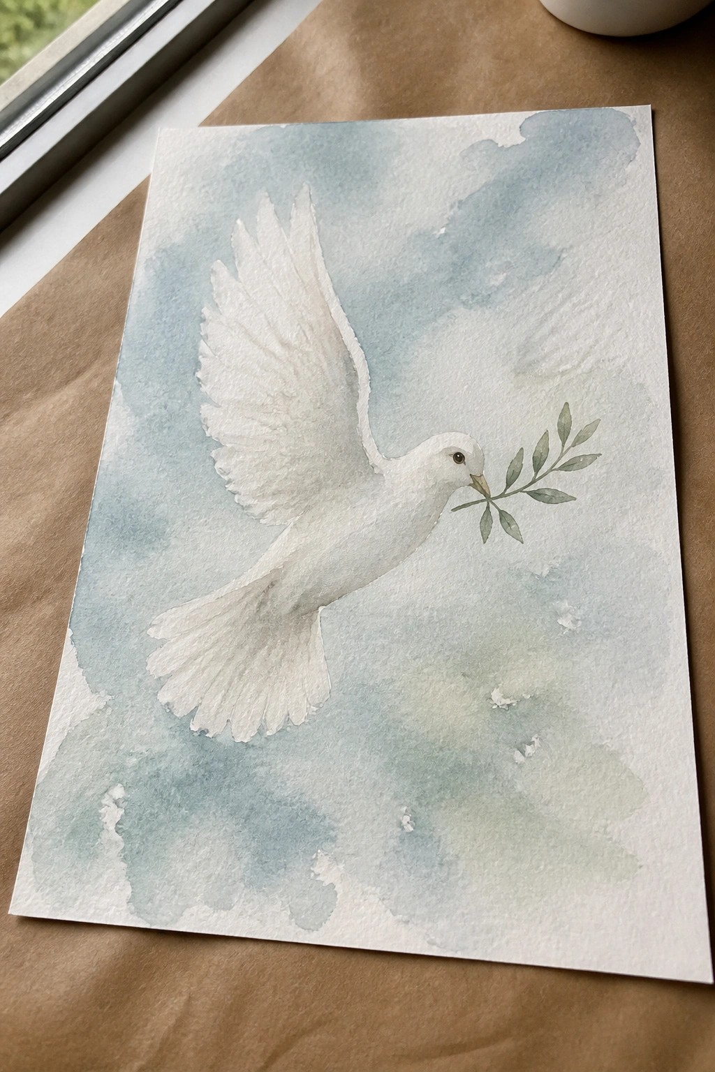 Watercolor painting of white dove in flight holding olive branch against blue sky