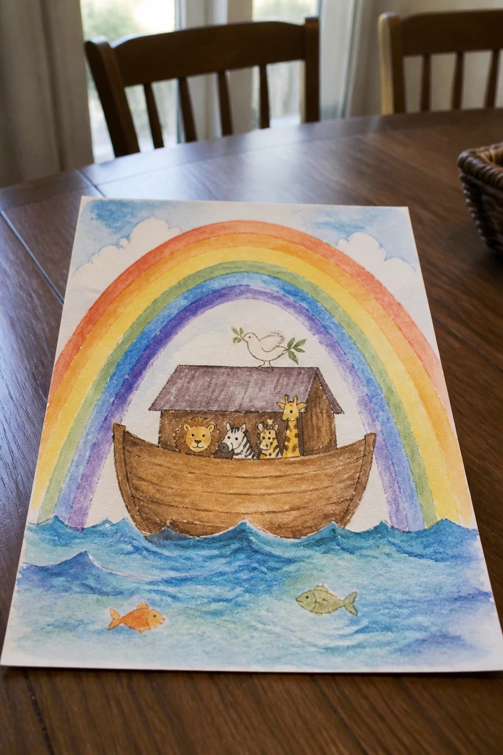 Watercolor of Noah's ark with animals under rainbow, dove on roof, fish in waves