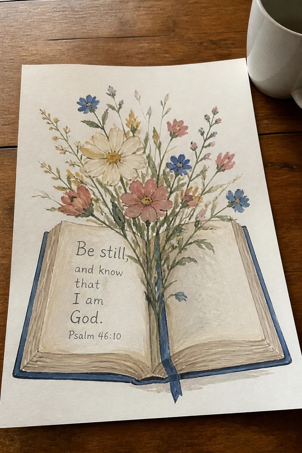 Watercolor painting of open blue book with colorful wildflowers sprouting from pages and Psalm text.