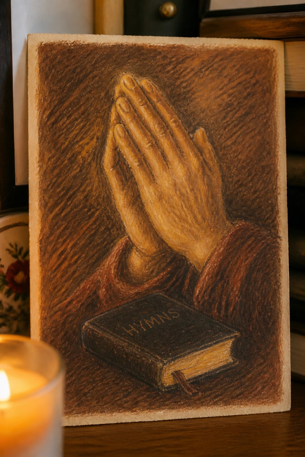 Textured brown drawing of praying hands over a hymns book beside a lit candle