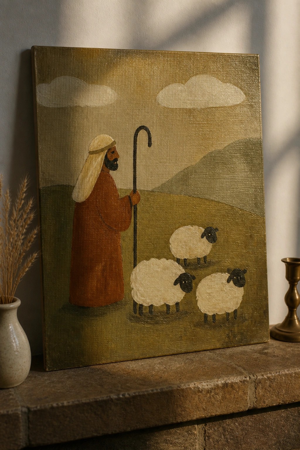 Simple painting of shepherd in brown robe holding staff with three sheep in field.