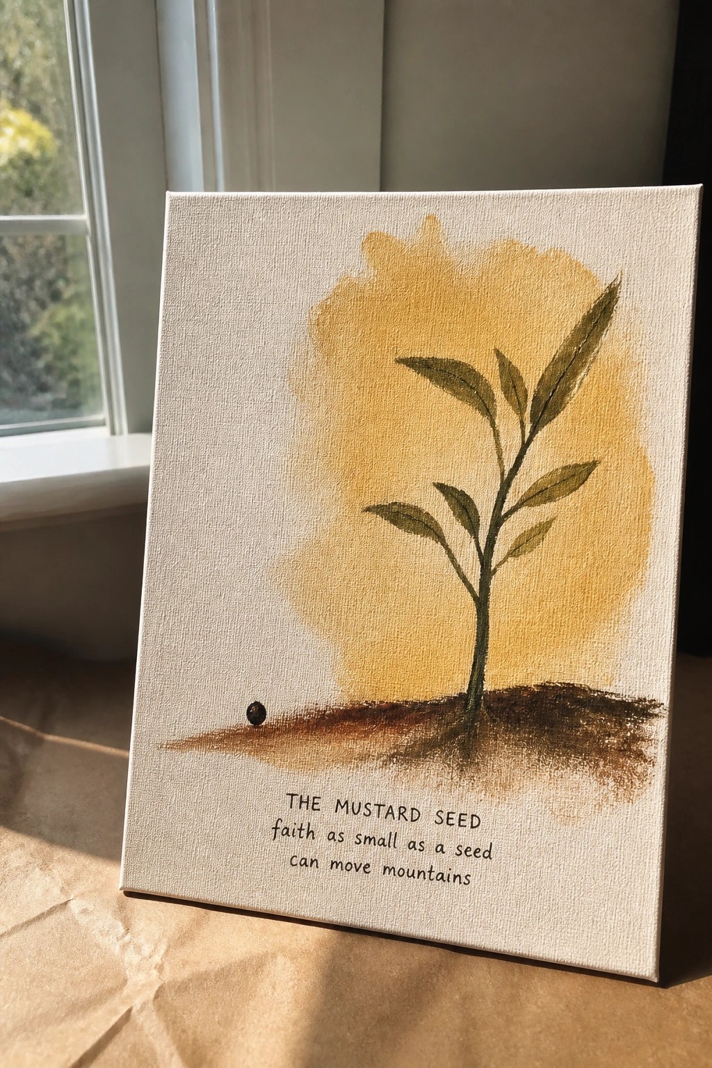 Canvas painting of tiny seed beside sprouting plant, yellow wash, brown soil and text.