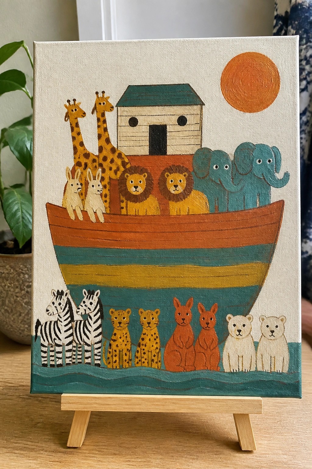 Colorful folk-art painting of Noah's Ark with giraffes, lions, elephants, zebras on striped boat