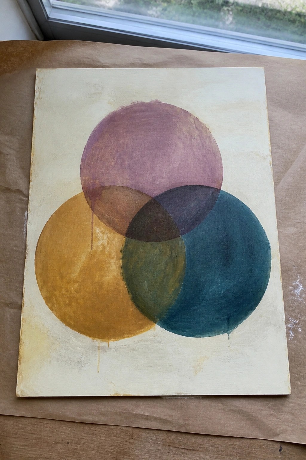 Abstract painting of three overlapping circles in purple, yellow, and teal with drips.