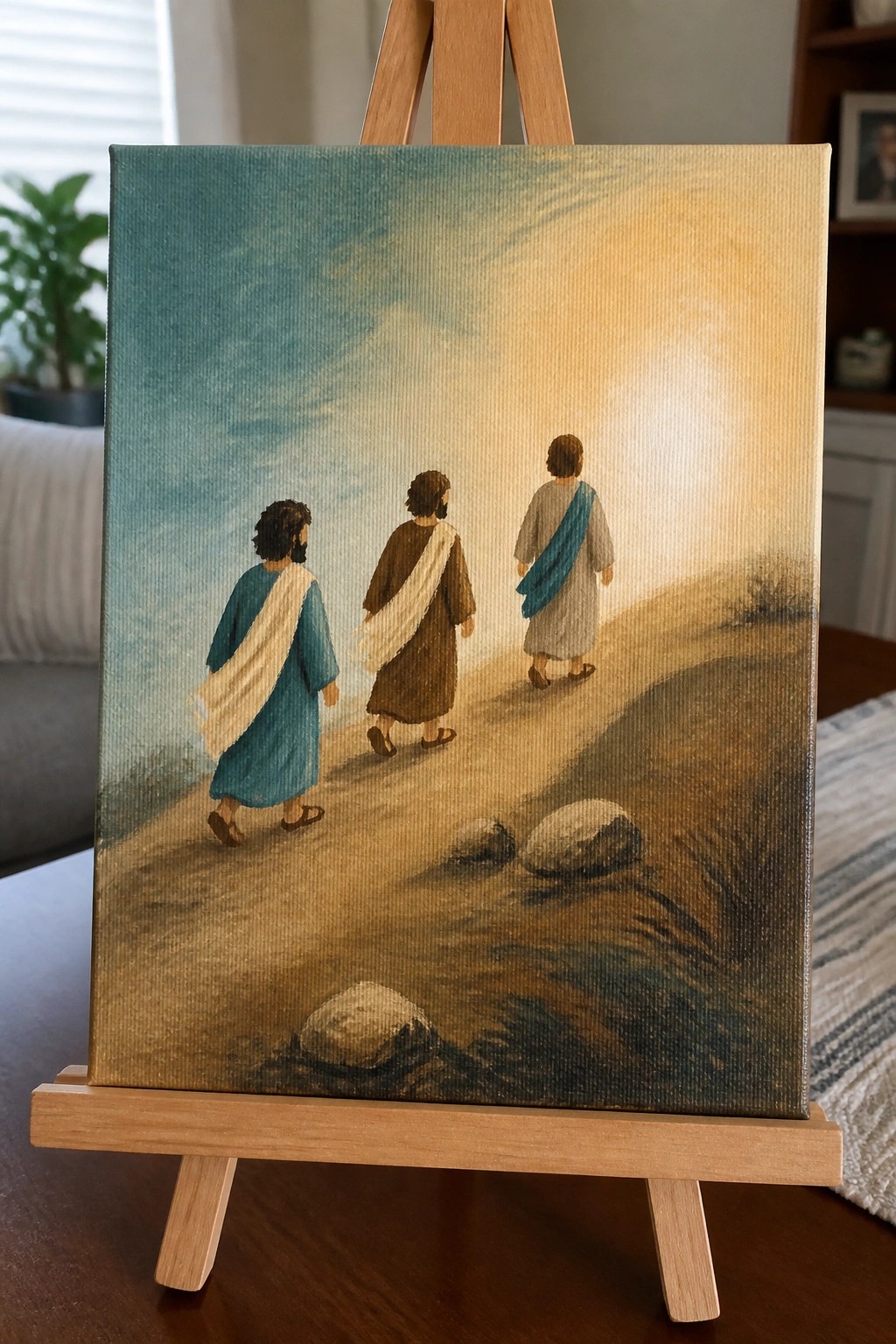 Three robed figures walk along a rocky path toward bright glowing light.