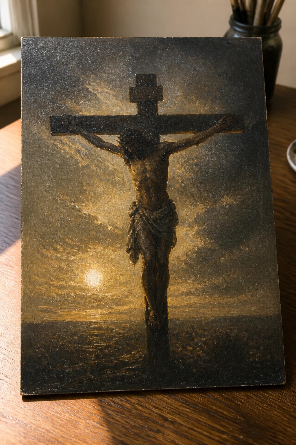 Oil painting of Jesus crucified against golden sunset over sea on wooden table