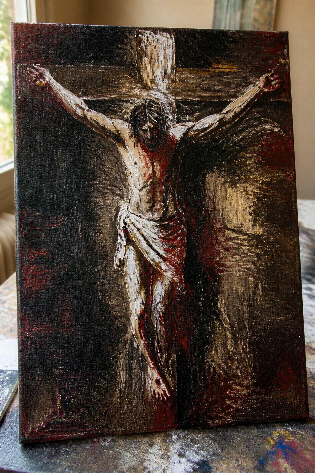 Expressionistic oil painting of bloodied Jesus crucified on cross with white loincloth on dark background