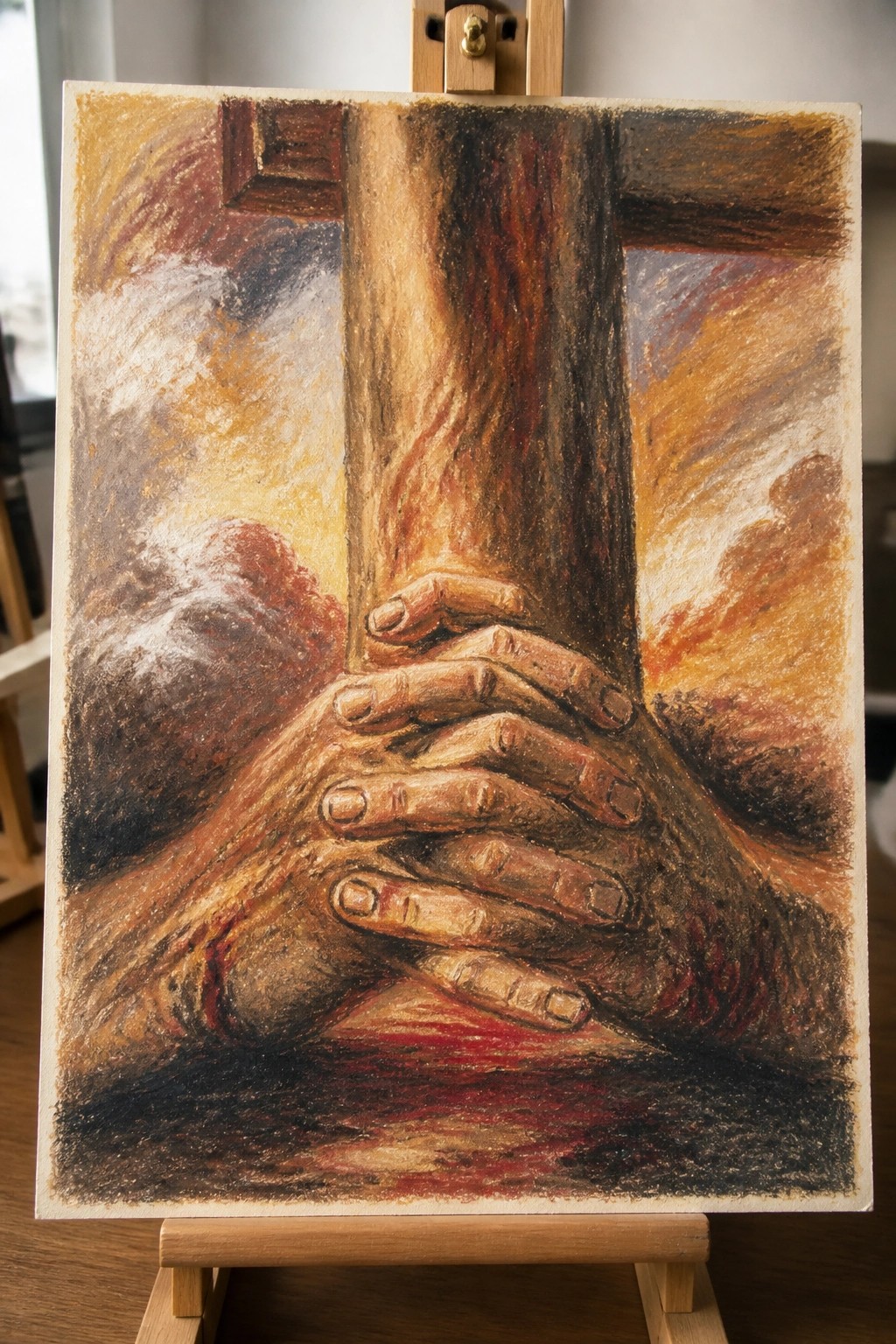 Clasped hands gripping a wooden cross against a fiery red-orange painted sky