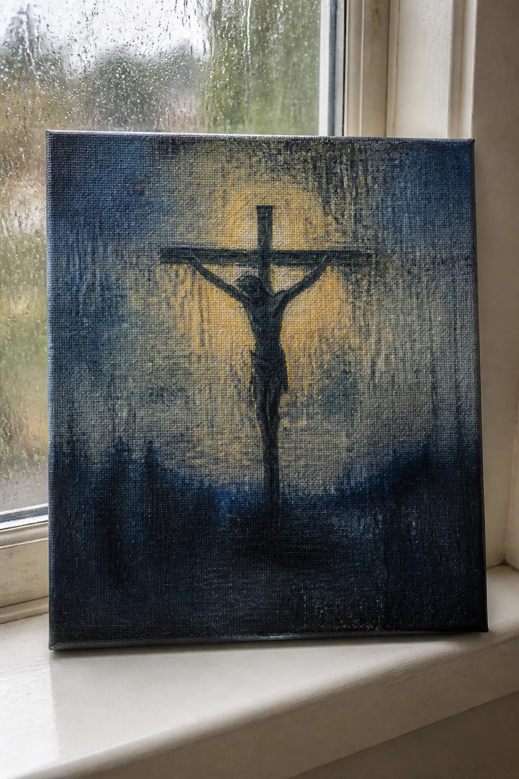 Canvas painting of Jesus on cross against yellow glow on rainy windowsill