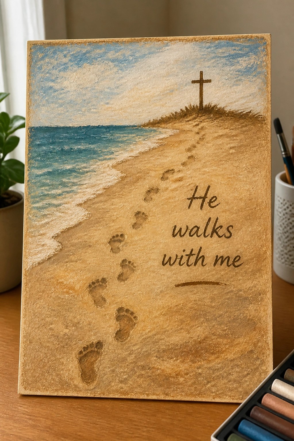 Pastel beach painting with footprints leading to cross and 
