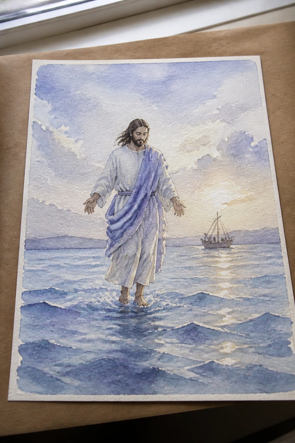 Jesus in white robe with blue sash walks barefoot on waves near distant boat in watercolor style