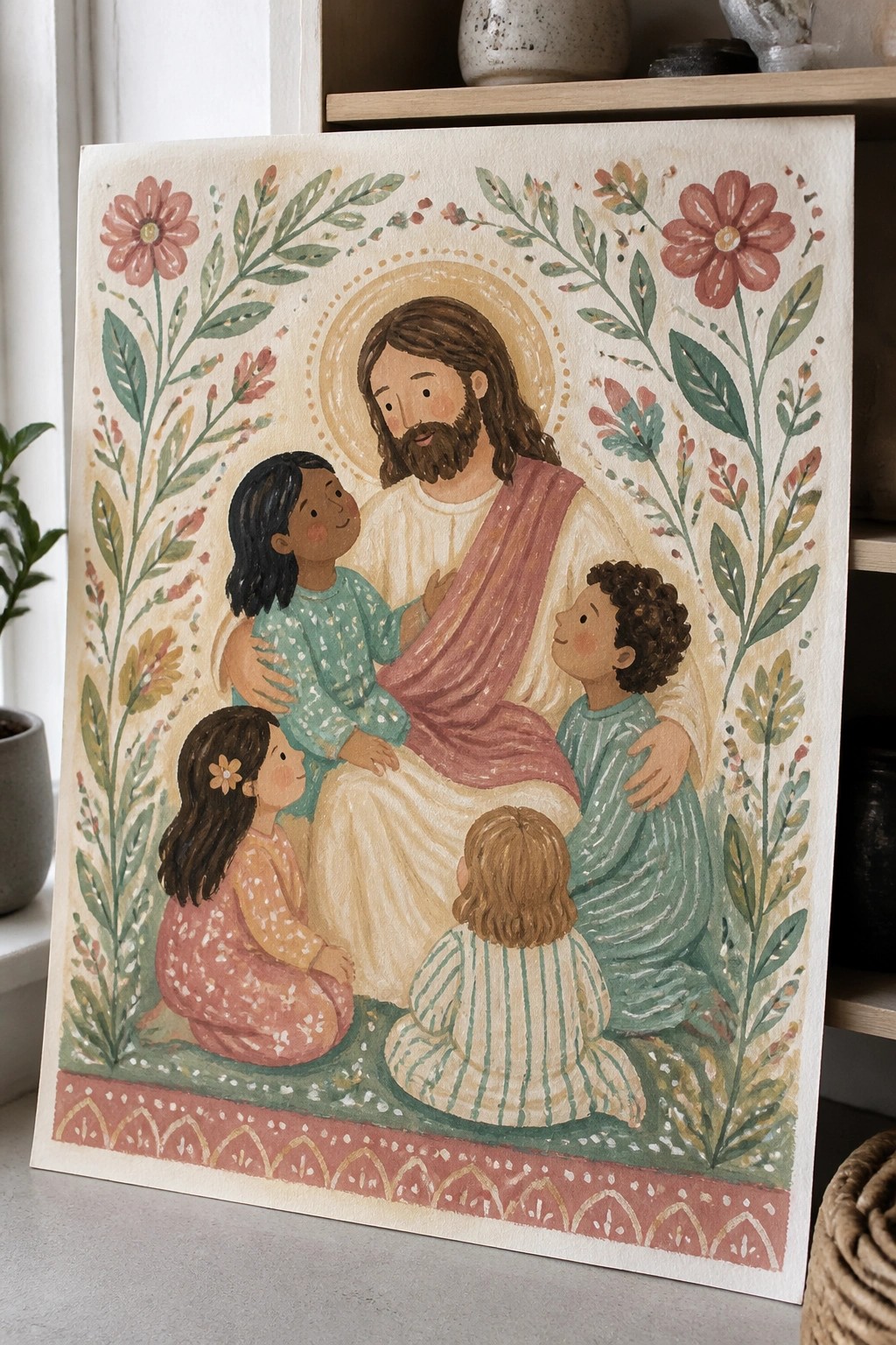 Jesus with halo embraces children amid pink flowers and leafy vines in watercolor style