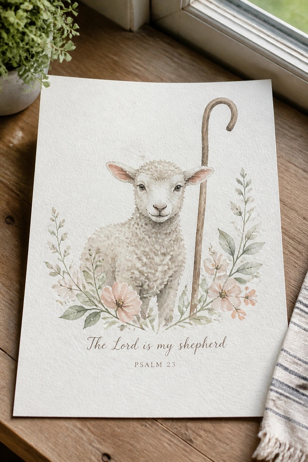 Watercolor lamb with shepherd's crook amid pink flowers and Psalm 23 text on paper