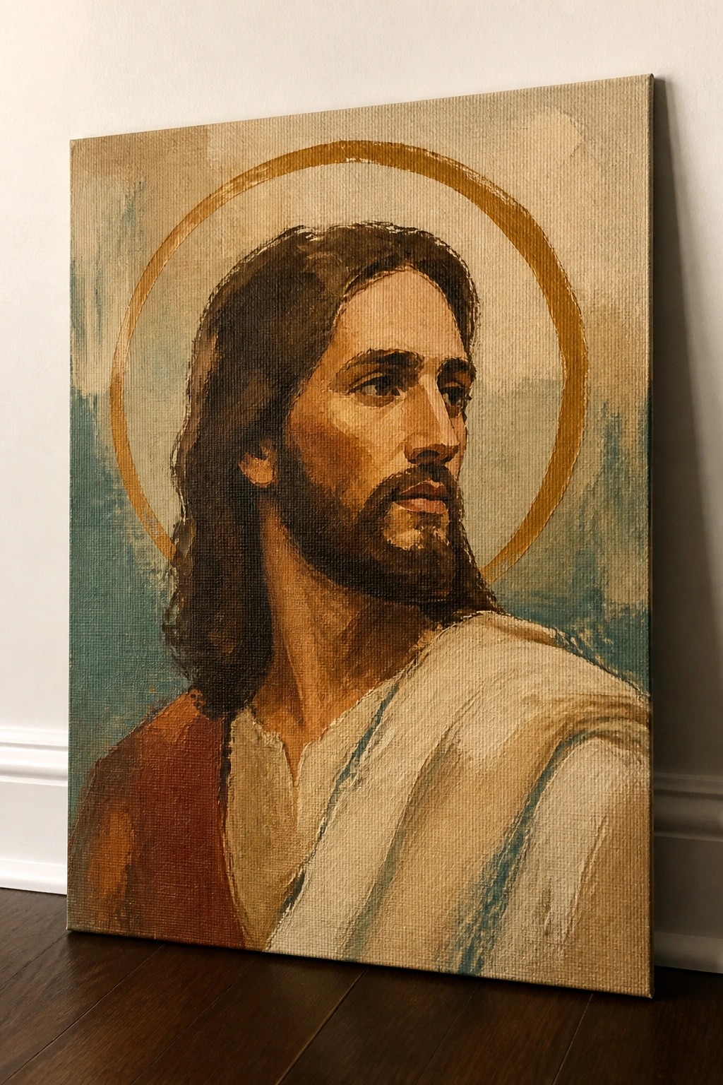 Oil painting of Jesus with long hair, beard, golden halo, and white-orange robes.
