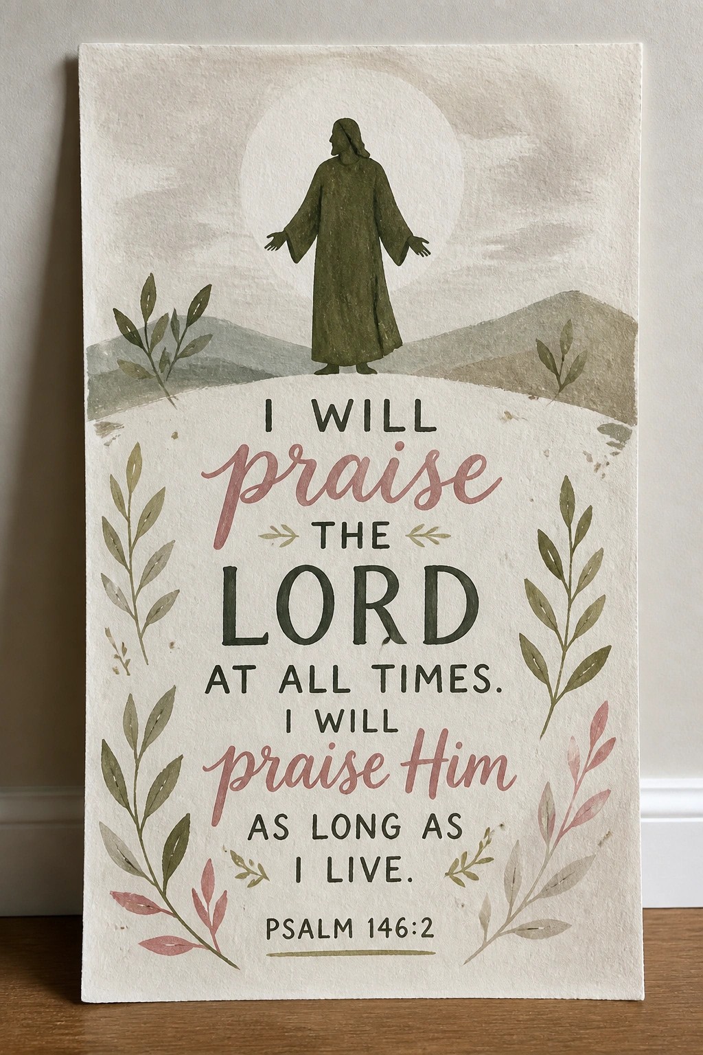 Watercolor of green-robed figure with open arms above psalm text amid leafy branches