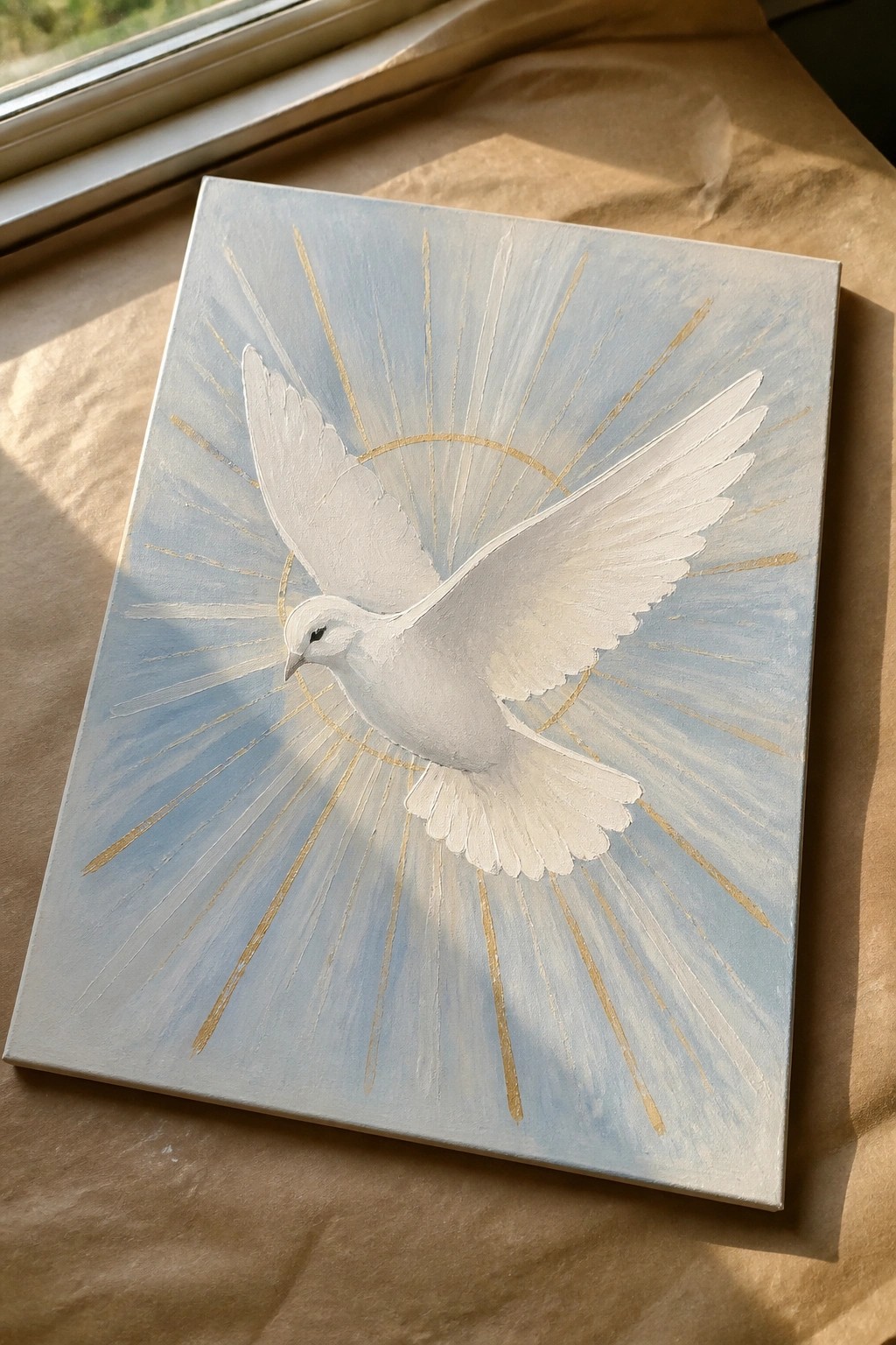 White dove with spread wings on blue canvas amid golden radiating rays.