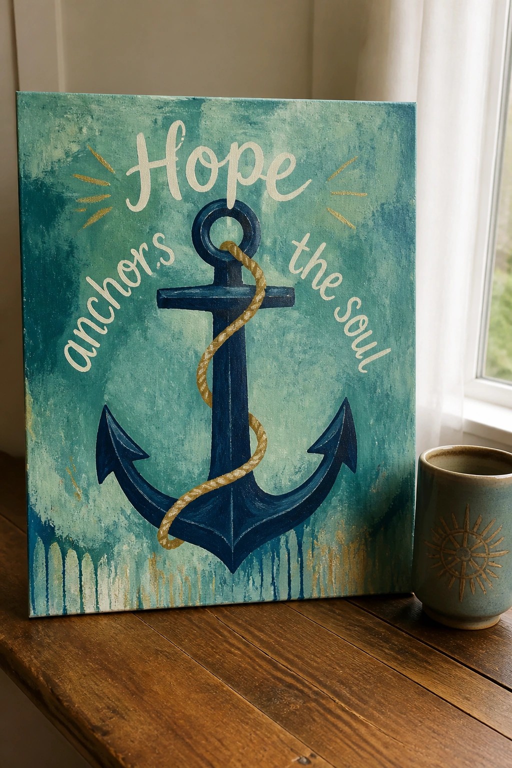 Teal canvas with blue anchor, rope, and 