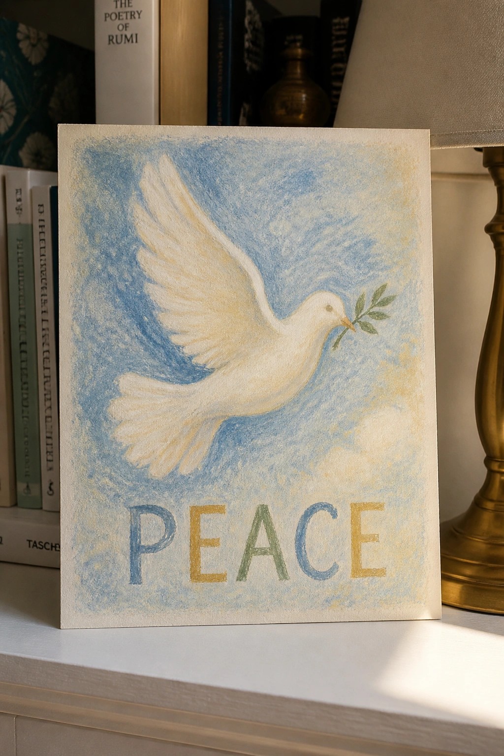 White dove with olive branch flies above multicolored PEACE letters on blue pastel background