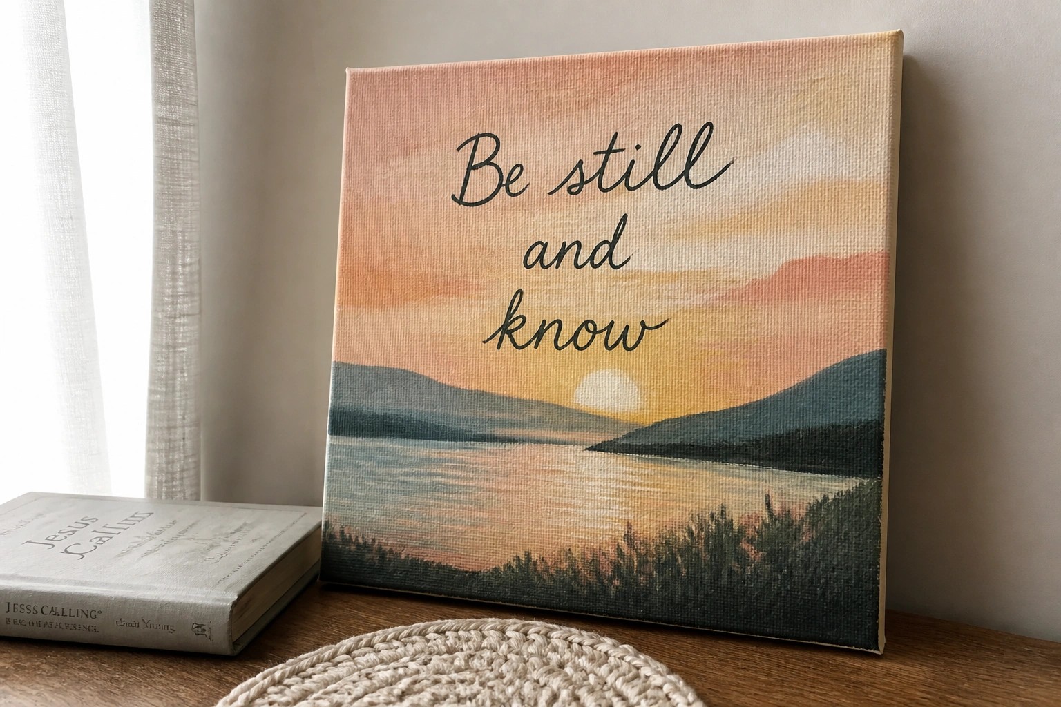 Canvas with painted sunset landscape and "Be still and know" beside Bible and coaster