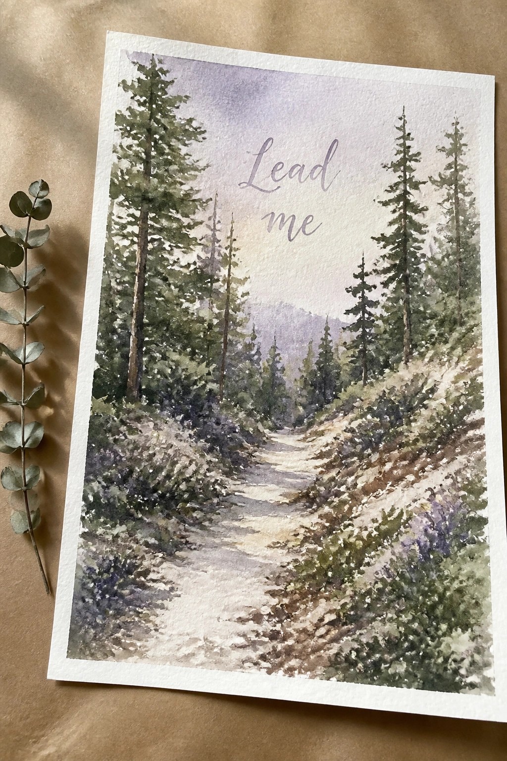 Watercolor painting of winding forest path with tall pines and 