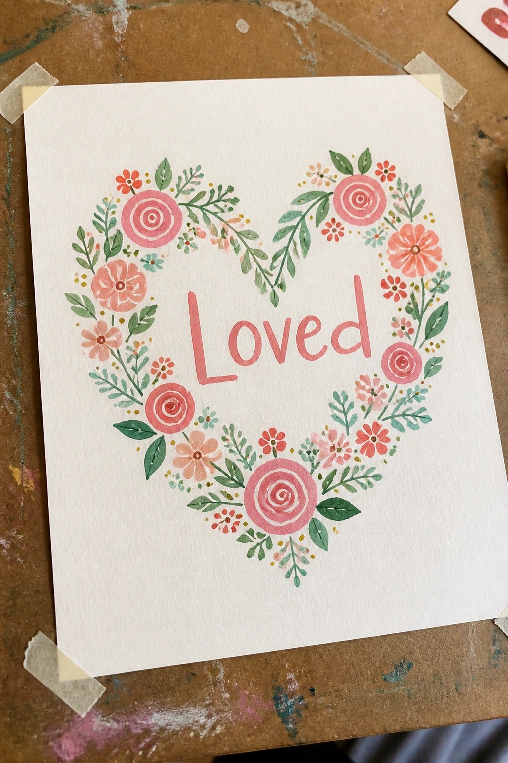Watercolor floral heart wreath with pink roses surrounding Loved text on paper