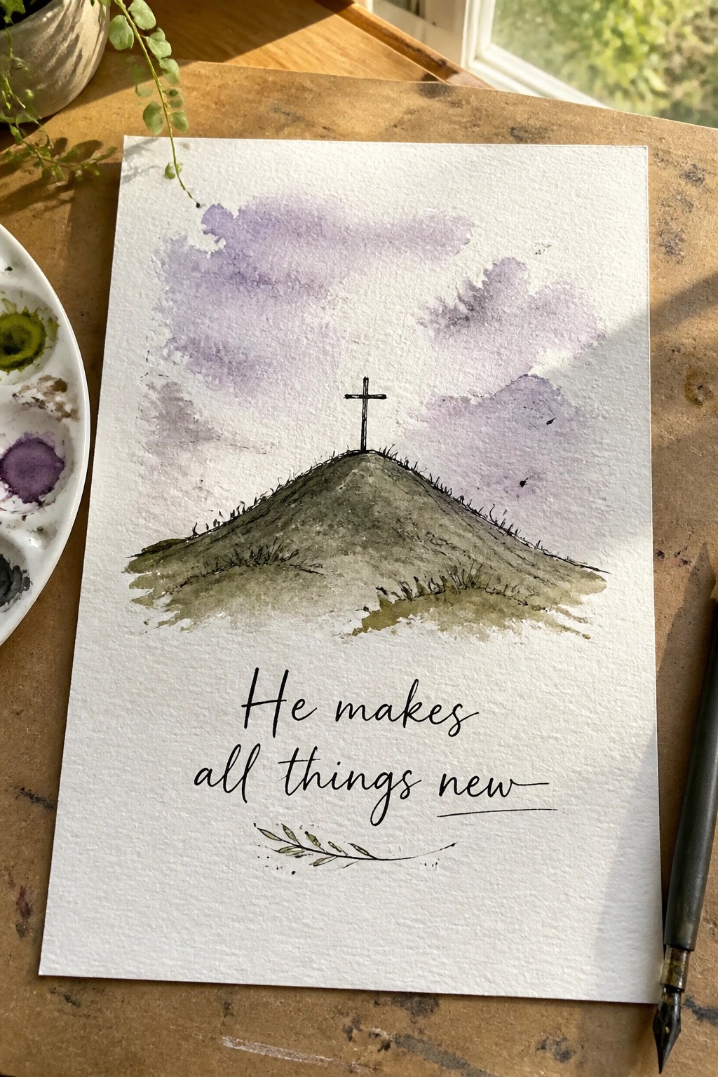 Watercolor painting of cross on hill under purple sky with 