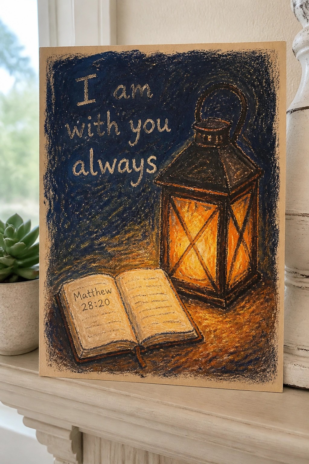 A painting shows an open Bible labeled Matthew 28:20 next to a lit lantern with the words 