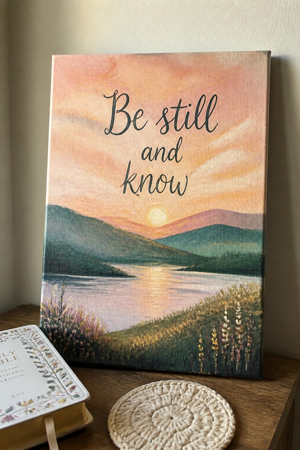 Canvas with painted sunset landscape and 