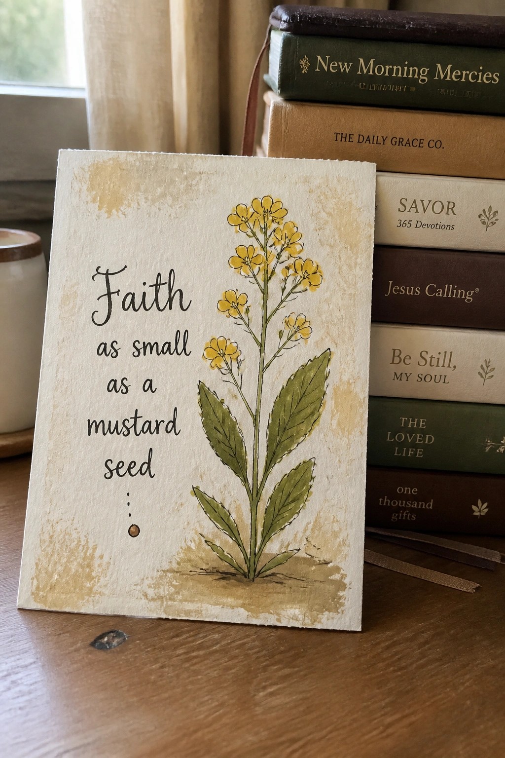 A textured paper card displays the text “Faith as small as a mustard seed” next to a painted mustard plant with yellow flowers and a small seed dot below the words.