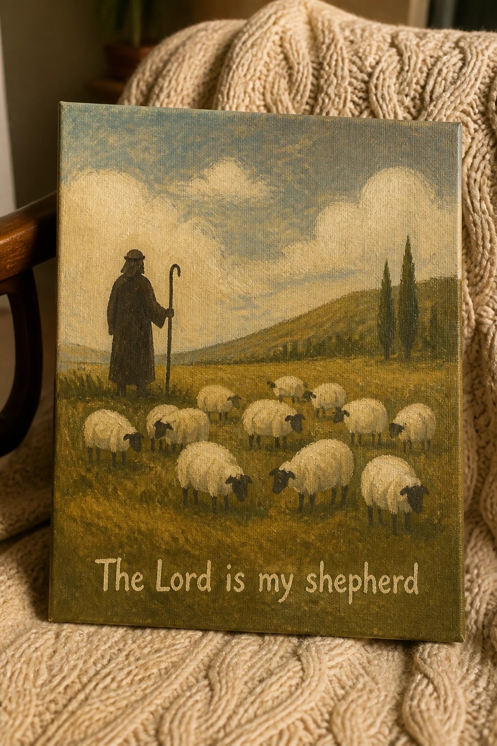 Rustic canvas painting of robed shepherd with staff among sheep, text 