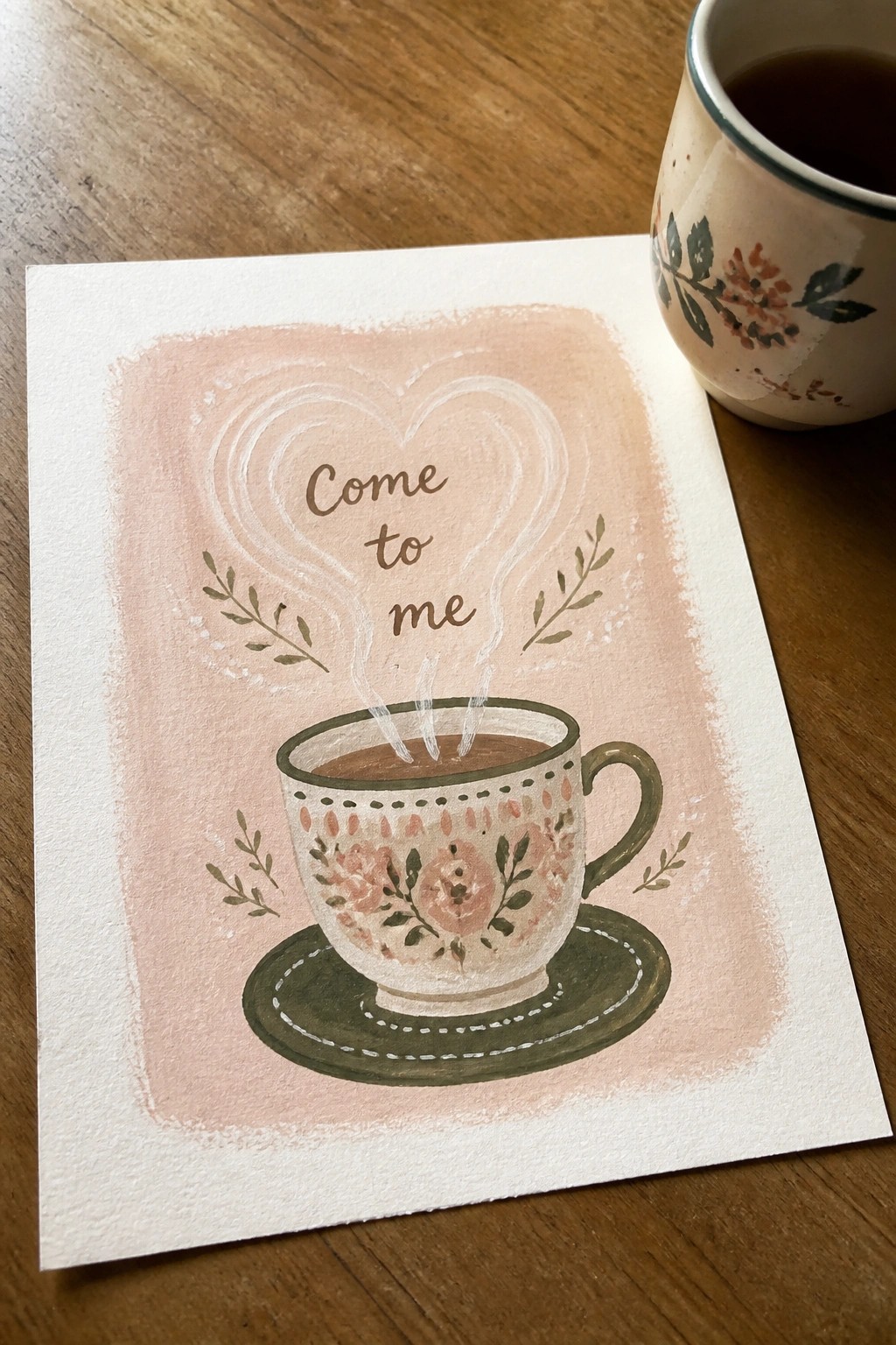 Watercolor of floral teacup with heart-shaped steam and 