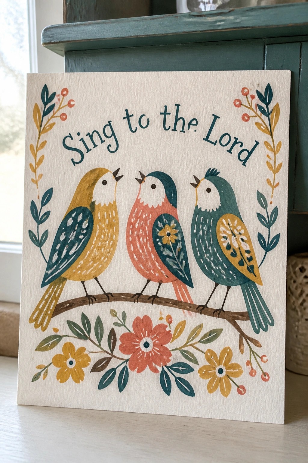 Three colorful birds on branch with 