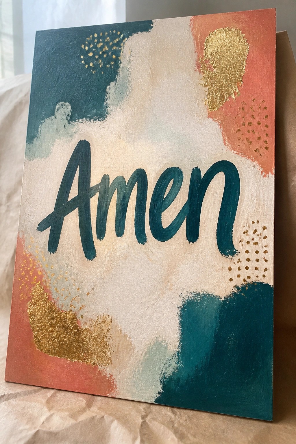 Abstract artwork with teal, coral, beige, and gold brushstrokes and central 