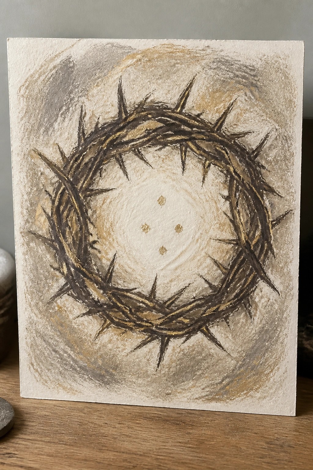 Golden-brown crown of thorns with spikes on textured canvas and central gold accents.