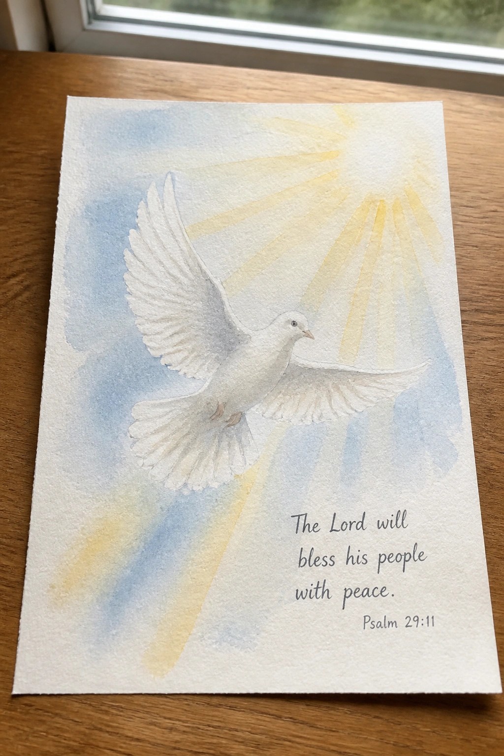 Watercolor painting of white dove flying amid yellow sun rays with peace verse text
