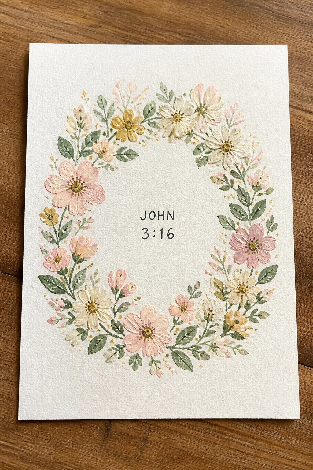 Watercolor floral wreath with pink, yellow blooms and John 3:16 text on paper