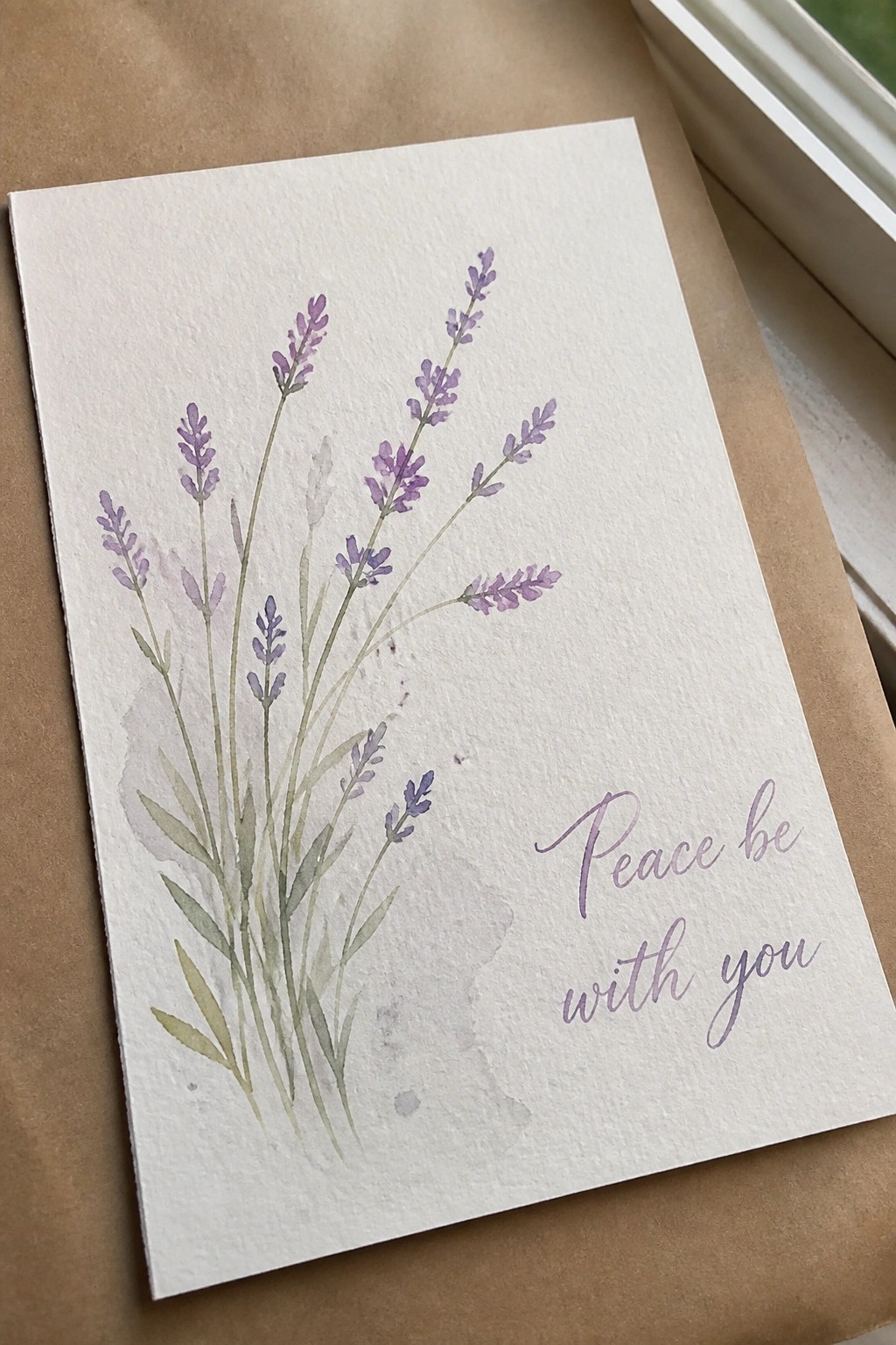 Watercolor lavender sprigs in purple and green beside 
