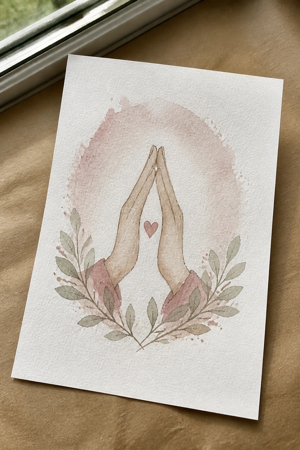 Watercolor of praying hands with pink heart and green leaf wreath on white paper