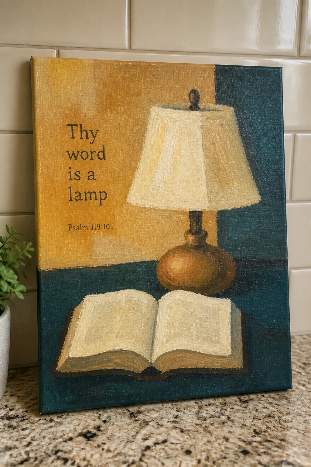 Still life painting of open book, lamp, and 