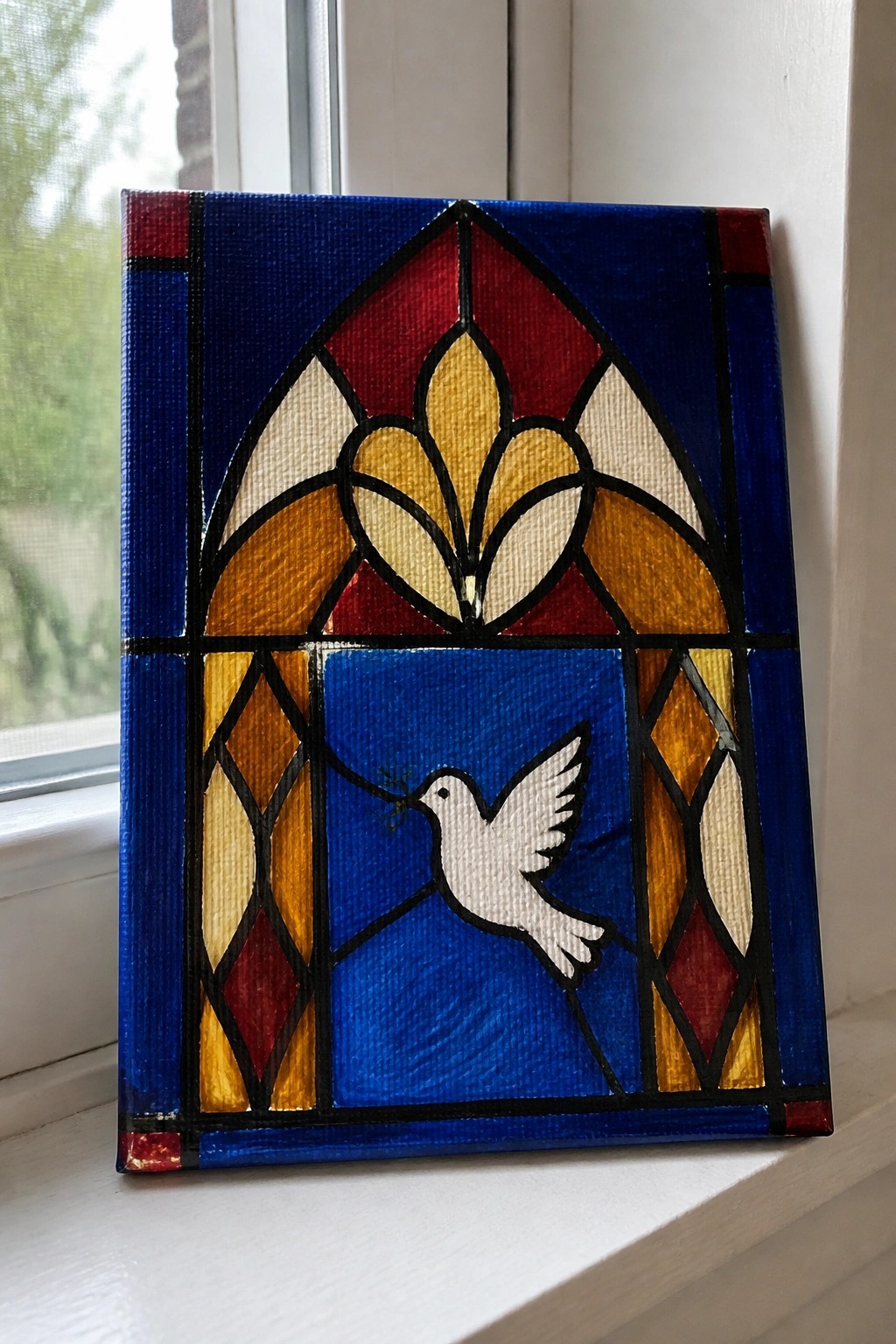 Stained glass style canvas painting of white dove with olive branch in blue and red geometric design.