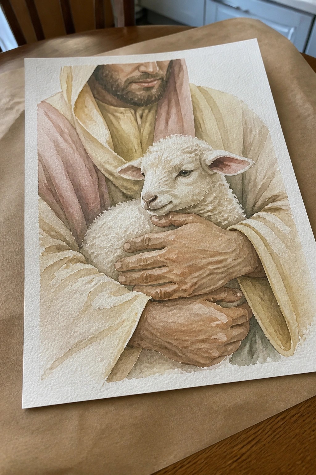Watercolor of bearded man in robes cradling white lamb with gentle hands