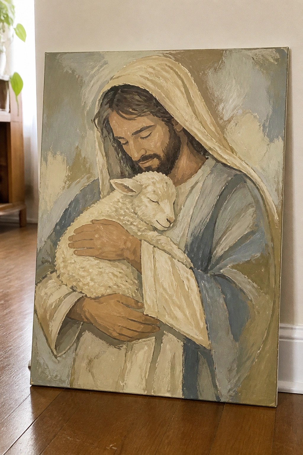 Bearded man in flowing robes cradles a sleeping white lamb in oil painting.