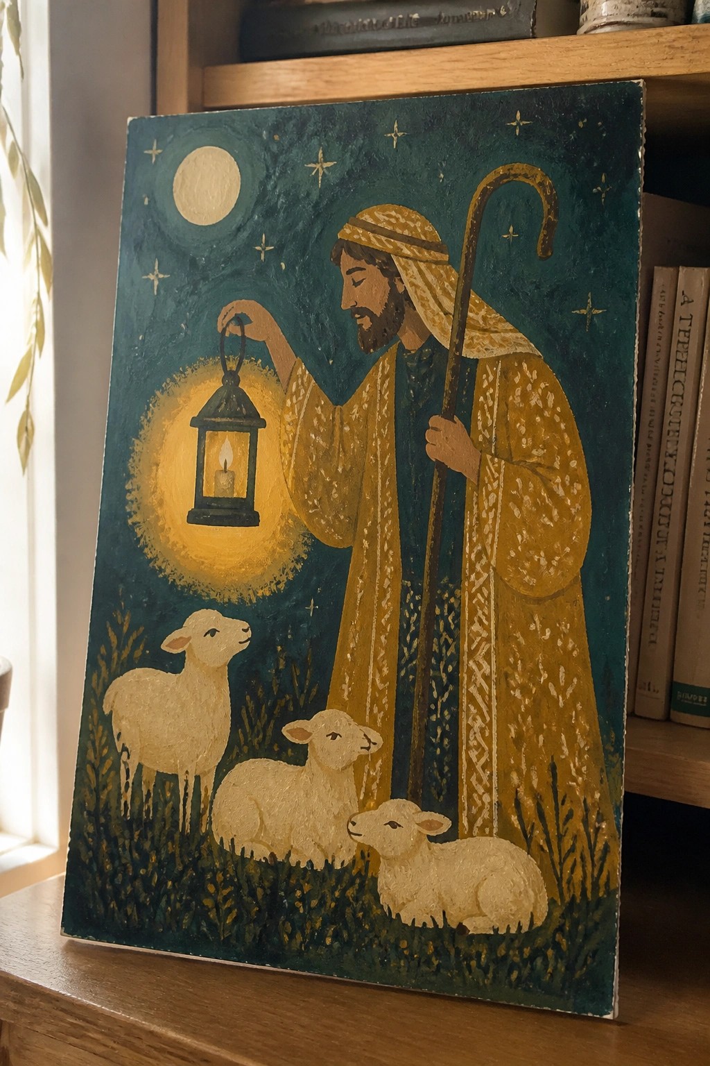 Folk-art shepherd in yellow robe holds lantern and staff with three sheep at night.