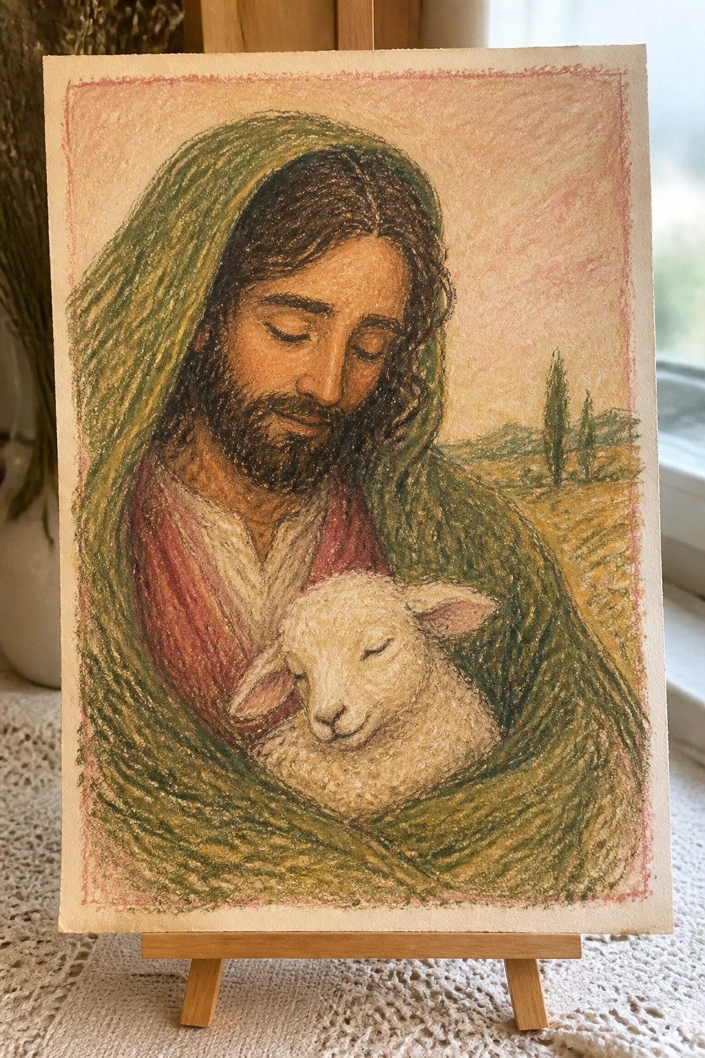 Colored pencil drawing of Jesus in green robe cradling sleeping white lamb in landscape.